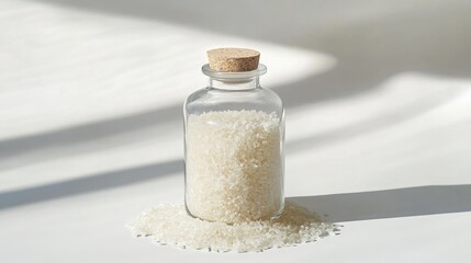 Wide glass bottle of sticky rice against a bright white background, with light reflections on the glass for added depth. No people.