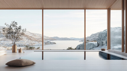 A serene modern interior featuring tranquil pool with stunning view of snowy mountains and calm lake. large windows invite natural light, creating peaceful atmosphere