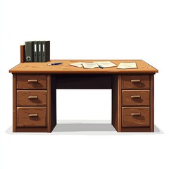 Wooden office desk with drawers, files, and documents on a white background.