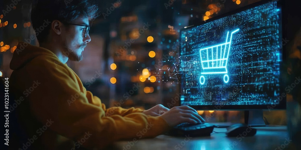 Leinwandbilder Software developer working with online shopping cart icon hologram on computer