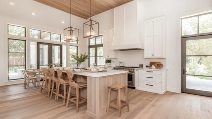 Modern kitchen design features an open layout with large island, wooden accents, and ample natural light. space is perfect for gatherings and culinary creativity