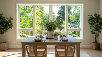 Fototapeta premium A bright and inviting dining area featuring wooden table set for meal, surrounded by greenery and large windows that let in natural light. scene evokes sense of warmth and tranquility