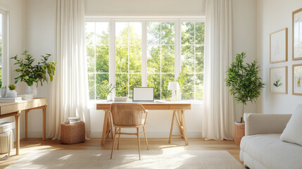 A bright and airy home office featuring wooden desk, comfortable chair, and large windows that let in natural light. space is adorned with plants, creating refreshing atmosphere