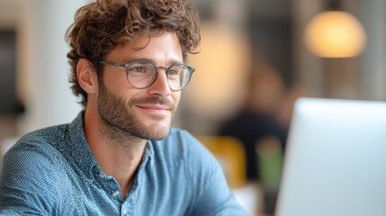 A focused man with a beard and stylish glasses works intently on his laptop in a well-lit cafe, capturing the essence of modern urban professionalism.