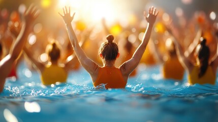 A lively group of people perform synchronized water exercises in a sunlit pool, with arms raised, enjoying the refreshment and sense of community.