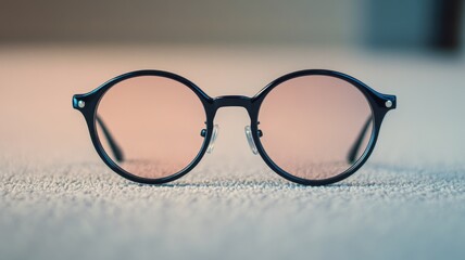 Black round eyeglasses with pink-tinted lenses on beige surface