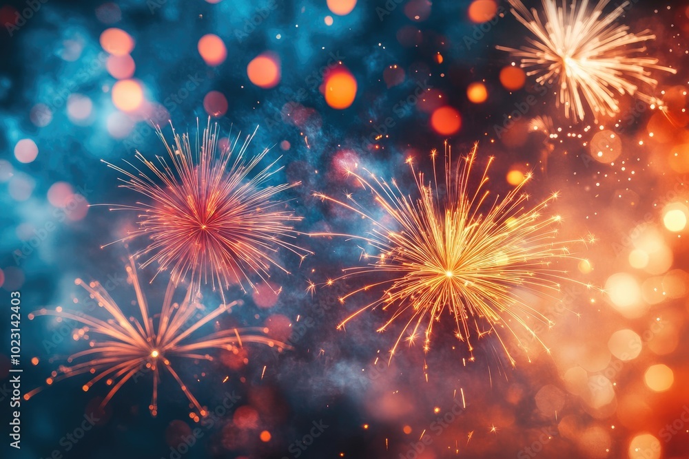 Poster Fireworks exploding in night sky with bokeh lights