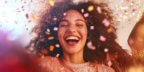 Breathtaking close-up of a carnival dancer face with glittery makeup and a gorgeous feathered headdress, smiling confidently at the camera under the carnival confetti