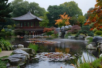 Naklejka premium Tranquil Japanese Garden with Serene Pond and Autumn Foliage