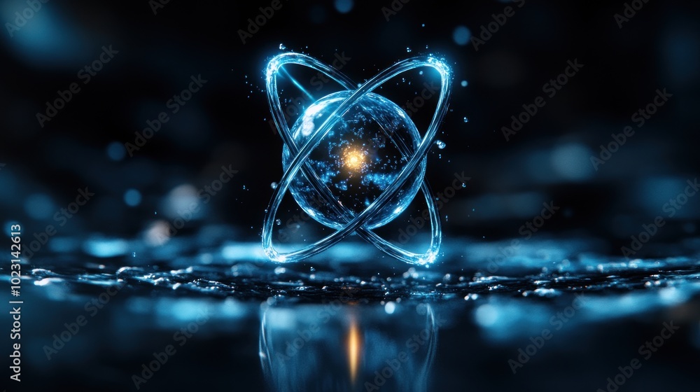 Poster a glowing atomic structure representing energy and science in a dark, reflective environment.
