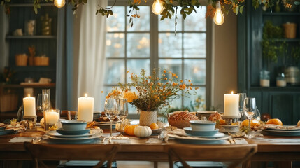Fototapeta premium A beautifully arranged dining table adorned with candles, flowers, and seasonal decor creates warm and inviting atmosphere for gatherings. soft lighting enhances cozy feel, perfect for family meals