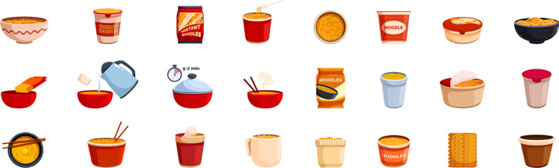 Instant soup icons set. Collection of different images representing cooking and eating instant noodles