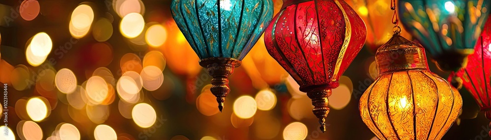 Poster vibrant lanterns illuminated with colorful lights, creating a warm festive atmosphere perfect for ce