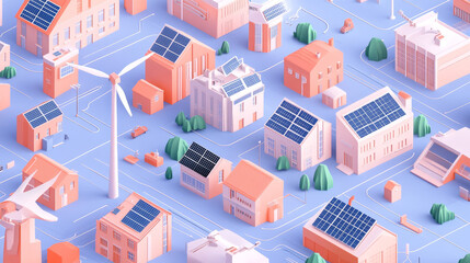 Sustainable cityscape with solar panels and wind turbines, showcasing modern architecture and eco friendly energy solutions. This vibrant illustration highlights renewable energy in urban settings
