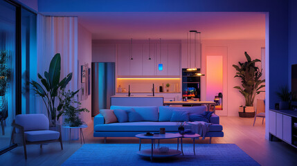 A modern living room with cozy atmosphere, featuring stylish sofa, vibrant lighting, and lush plants. open kitchen adds contemporary touch, creating warm and inviting space