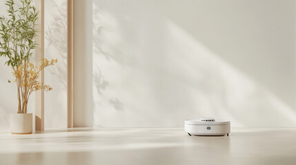 Fototapeta premium A modern robotic vacuum cleaner is positioned on light wooden floor, surrounded by minimalistic decor and potted plant, creating serene and tidy atmosphere