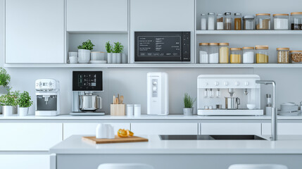 Fototapeta premium Modern kitchen design features sleek appliances, organized shelves, and minimalist aesthetic. bright space is enhanced by greenery and stylish storage solutions, creating welcoming atmosphere