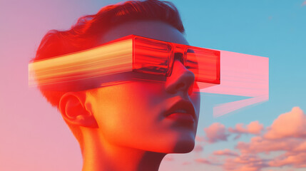 Futuristic portrait of person wearing striking red glasses against vibrant sky, showcasing blend of technology and style. image evokes sense of innovation and creativity