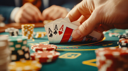 A hand reveals winning poker hand with aces while colorful chips surround table, creating an exciting atmosphere of anticipation and strategy