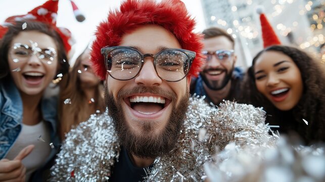 In a glittering city setting, young friends are sharing a memorable festive moment, adorned in stylish winter fashion as the air sparkles with energy and laughter.