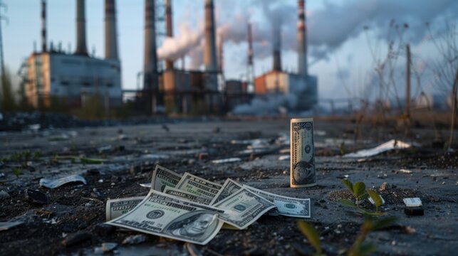 Scattered dollar notes on a bleak industrial site, symbolizing financial decline and the harsh realities of economic downturns.