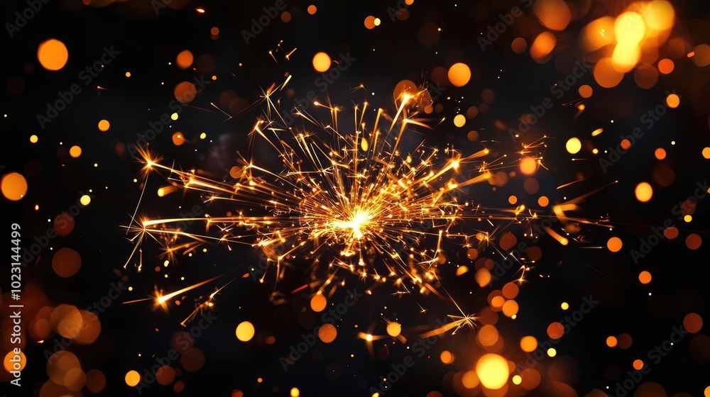 Poster a dazzling display of golden sparks illuminating a dark background, perfect for capturing the essenc