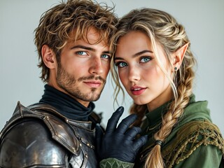 Fantasy couple with medieval armor and elven ears, braided hair, epic adventure, fantasy world, warrior and elf
