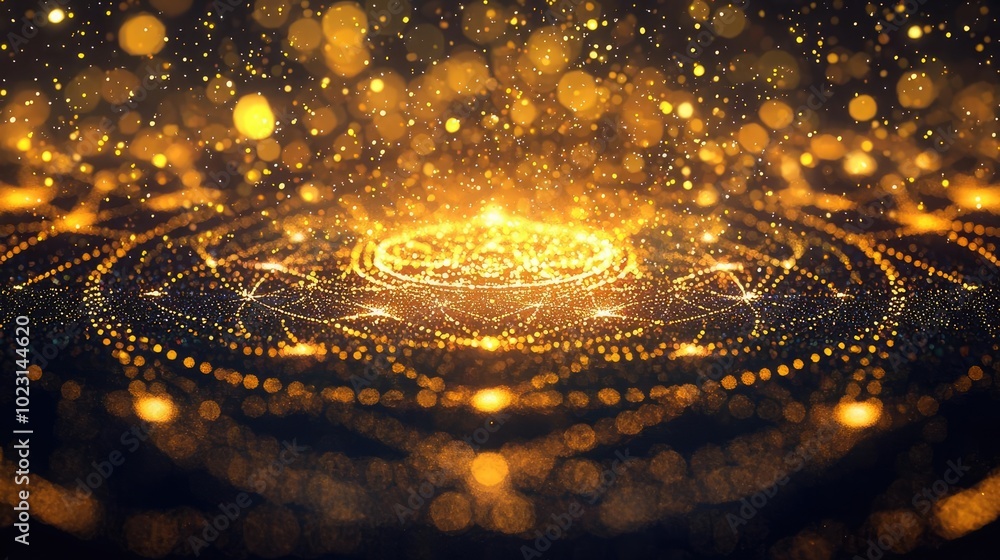 Poster Stunning golden particles and light create a mesmerizing abstract pattern, perfect for backgrounds and digital art projects.