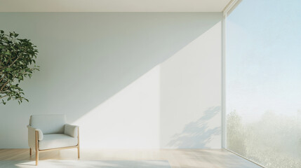 A serene interior space featuring minimalist chair beside large window, allowing natural light to illuminate room. soft shadows create calming atmosphere