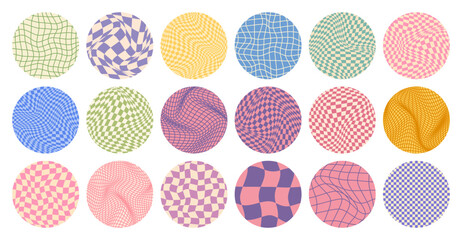 Groovy checkered pattern, round colorful tiled grid. Vintage wavy curved backdrop, distortion effect. Funky geometric chessboard texture, retro background in 90s style, y2k. Vector illustration
