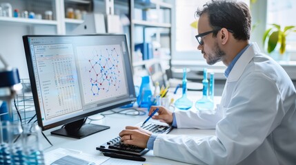 A scientist intently studies molecular models on a computer screen in a modern laboratory, symbolizing innovation and discovery in science.