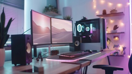 Naklejka premium A sleek gaming setup featuring dual monitors and colorful LED lighting creates an immersive atmosphere for a tech-savvy enthusiast.