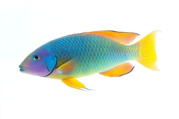 the beside view Yellowtail Parrotfish, left side view, white copy space on right, Isolated on White Background
