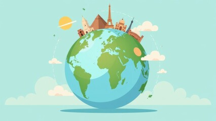 Naklejka premium The globe is on a blue background, with wonders of the world around it. Green ecology travel concept. Earth Day. Clipart design flat isolated illustrations.