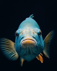 the Bumphead Parrotfish, portrait view, white copy space on right, Isolated on black Background