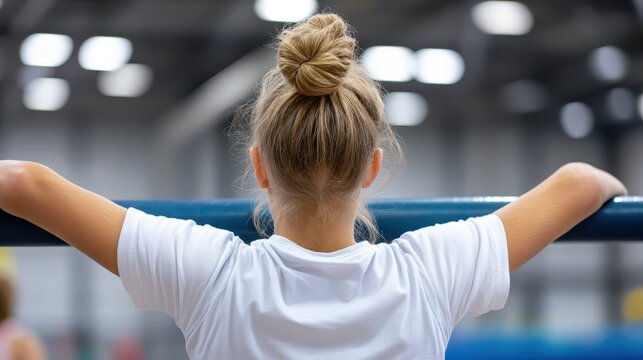 A young athlete prepares with arms raised on the parallel bars, showcasing strength and determination in a modern indoor gym space filled with ambient light.