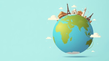The globe is on a blue background, with wonders of the world around it. Green ecology travel concept. Earth Day. Clipart design flat isolated illustrations.