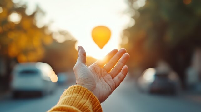A hand is outstretched towards a rising hot air balloon against a stunning sunset, representing dreams, aspirations, and the pursuit of freedom and possibilities.