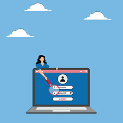 Businesswoman showing safety lock on monitor