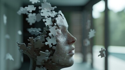 The surreal visual of a face made from puzzle pieces dissolving evokes vulnerability and introspection in a modern, serene environment.