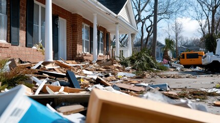 The porch of a suburban home is covered with debris following a natural disaster, illustrating the devastating effects of extreme weather on residential life.
