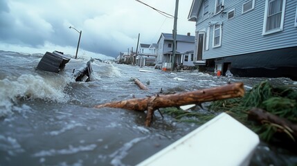 Rising floodwaters from a severe storm submerge homes, illustrating the harsh challenges of climate impact in a residential area, with gloomy sky above.