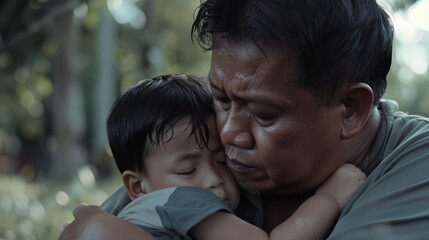 Fototapeta premium A man embraces a young child in a tender moment of peace and security, captured in a natural outdoor setting filled with soft light.