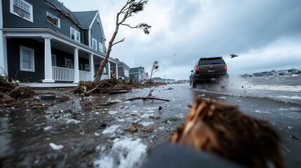 A suburban street is depicted as being overwhelmed by stormy floodwaters. An SUV drives through, with debris and disheveled trees lining the wet roadway under a clouded sky.