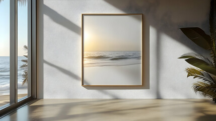 A serene beach scene framed in a sunlit modern interior.