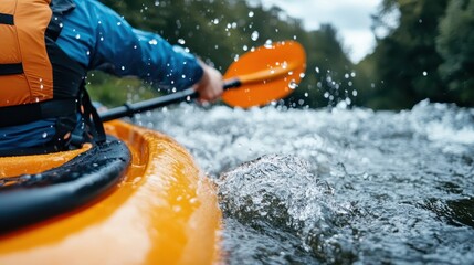 Fototapeta premium A close-up captures an individual kayaker expertly navigating a rapid river, showcasing skill, determination, and the splashing intensity of the exhilarating water activity.