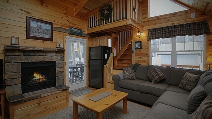 A cozy and inviting wooden cabin interior with a warm fireplace and comfortable seating area perfect for relaxation during winter months
