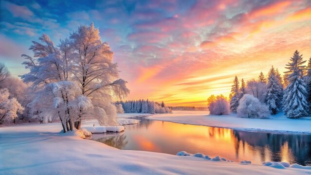 Pastel nature landscape with a Christmas twist featuring snow-covered trees, a frozen lake, and a colorful sunset , winter - Powered by Adobe
