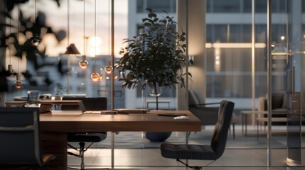 A modern office setting bathed in warm sunset light, where sleek furniture and transparent walls create an atmosphere of openness and creativity.