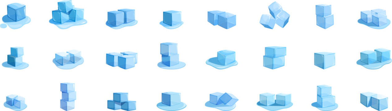 Ice cube cocktail icons set. Diverse set of ice cubes melting, showcasing various arrangements and stages of melting
